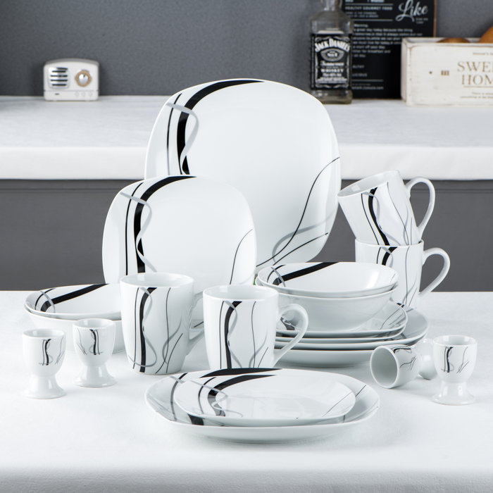 Malacasa Fiona 20 Pieces Porcelain Square Black and White Dinnerware